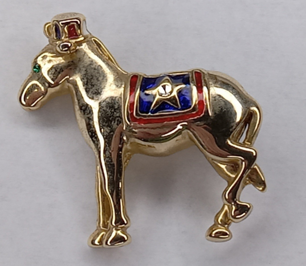 Donkey Democrat Hat Star Green Eye Brooch Pin Vintage No Maker Mark