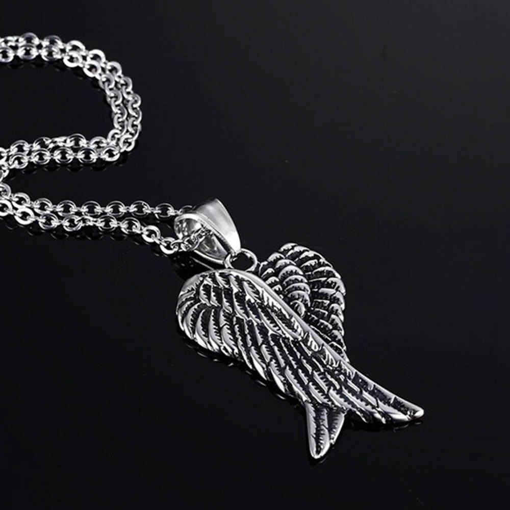 Gothic Double Angel Wings Pendant Necklace Antique Silver Tone w 23″ Link Chain