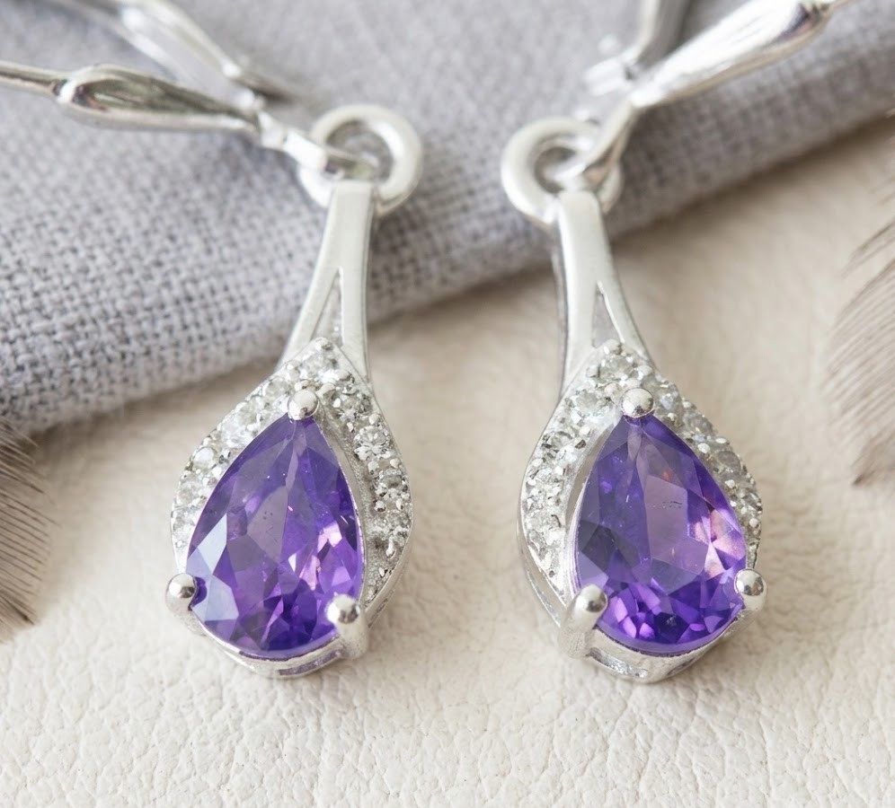 925 Sterling Silver Pear Amethyst Dangle Women Earrings Minimalist Jewelry Gift