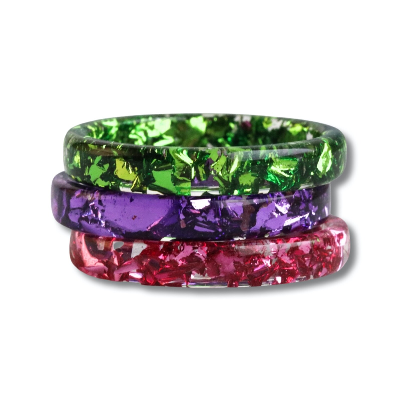 Set of 3 Resin Rings With Pink Green Purple Metal Flakes – Mother’s Day Gift