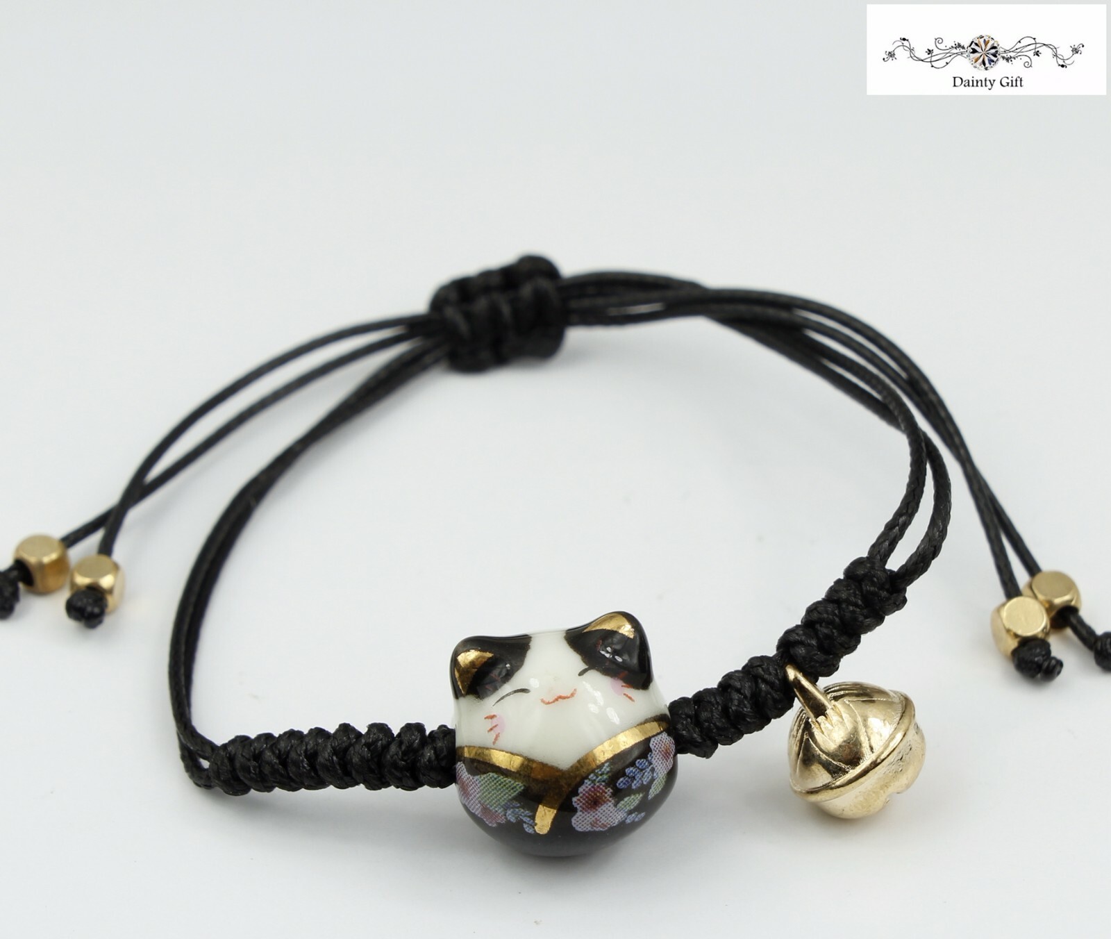 Girl Women Luck Ceramic Fat Cat / Kitty Ball Animal Adjust Rope Bracelet 4-9″
