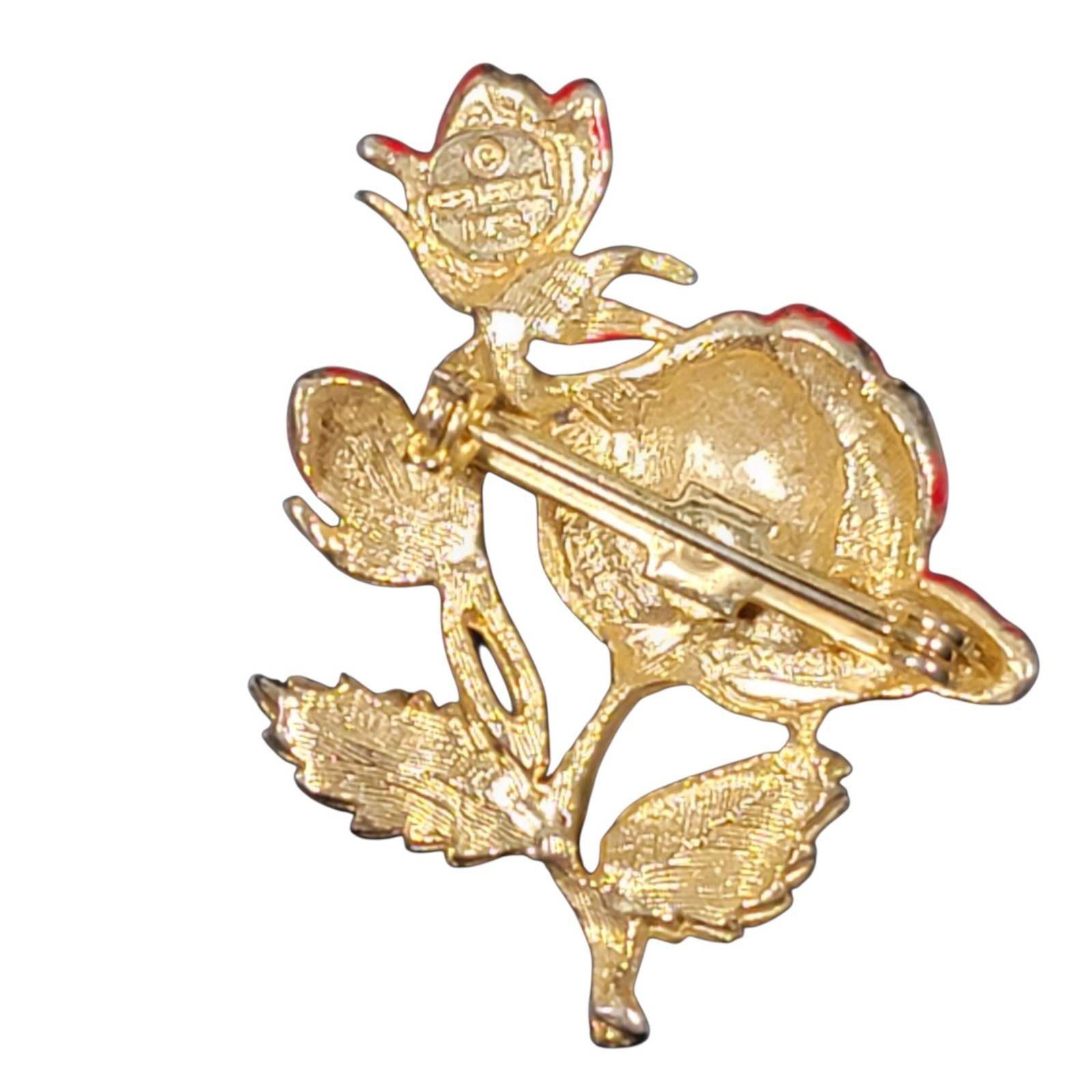 VTG 60s General Mfg Red Enamel Rose Brooch Pin Gold Tone MCM Flower Costume