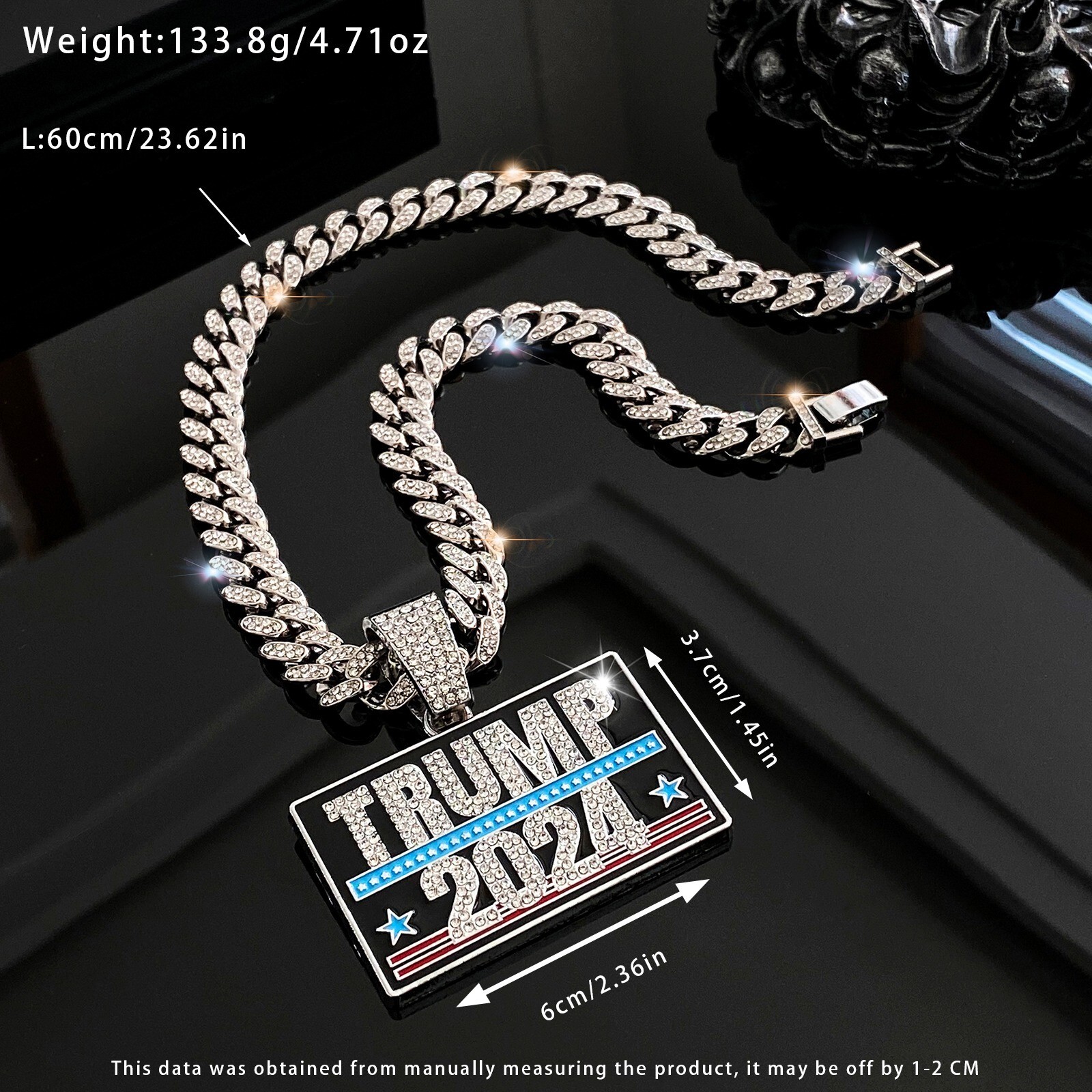 Trump 2024 GEM NECKLACE Gold/Silver Bling Hip Hop Pendant & 24” Chain MAGA