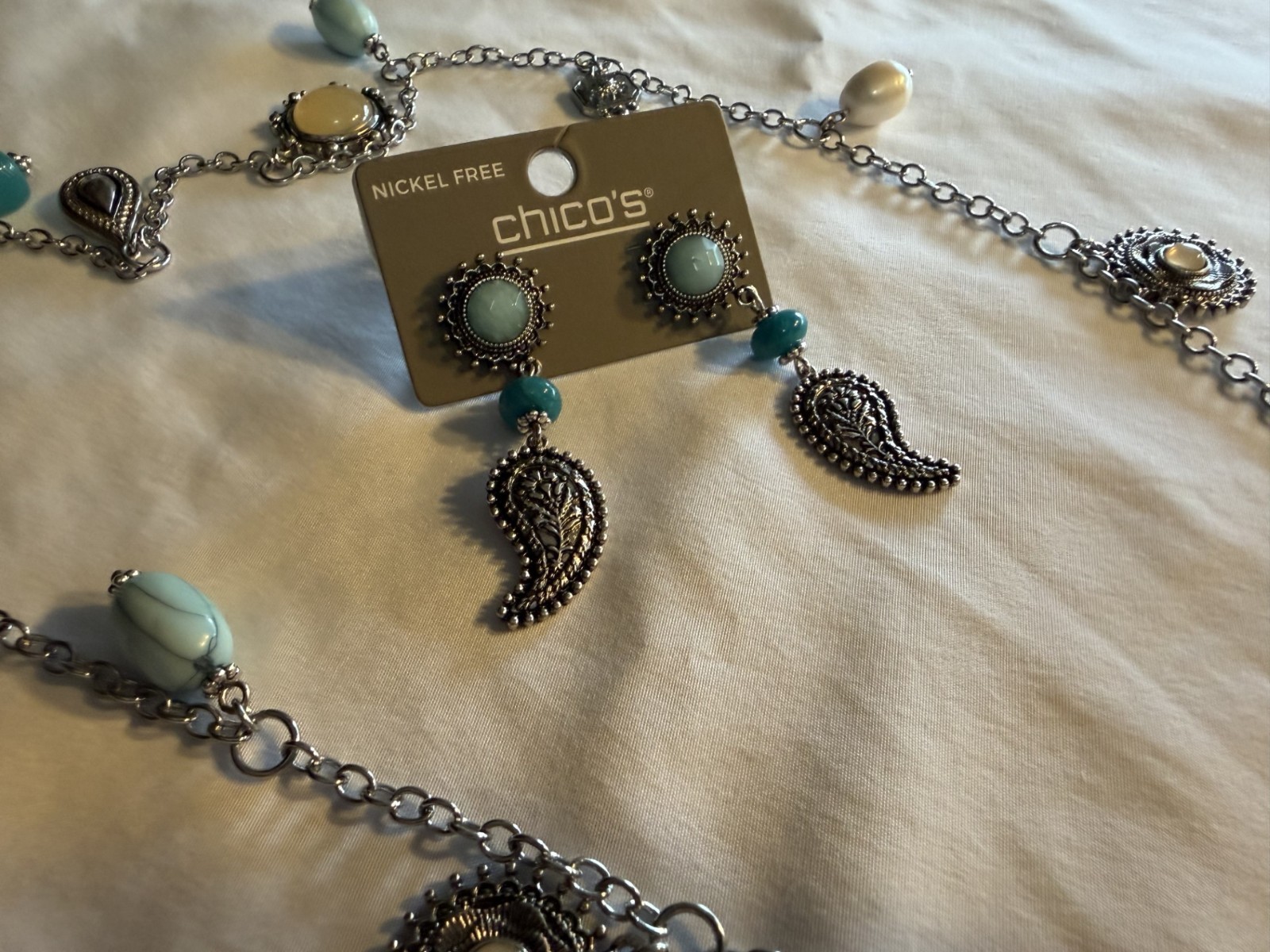 Chico’s Nickel Free Necklace & earrings silver tone with Turquoise color accents