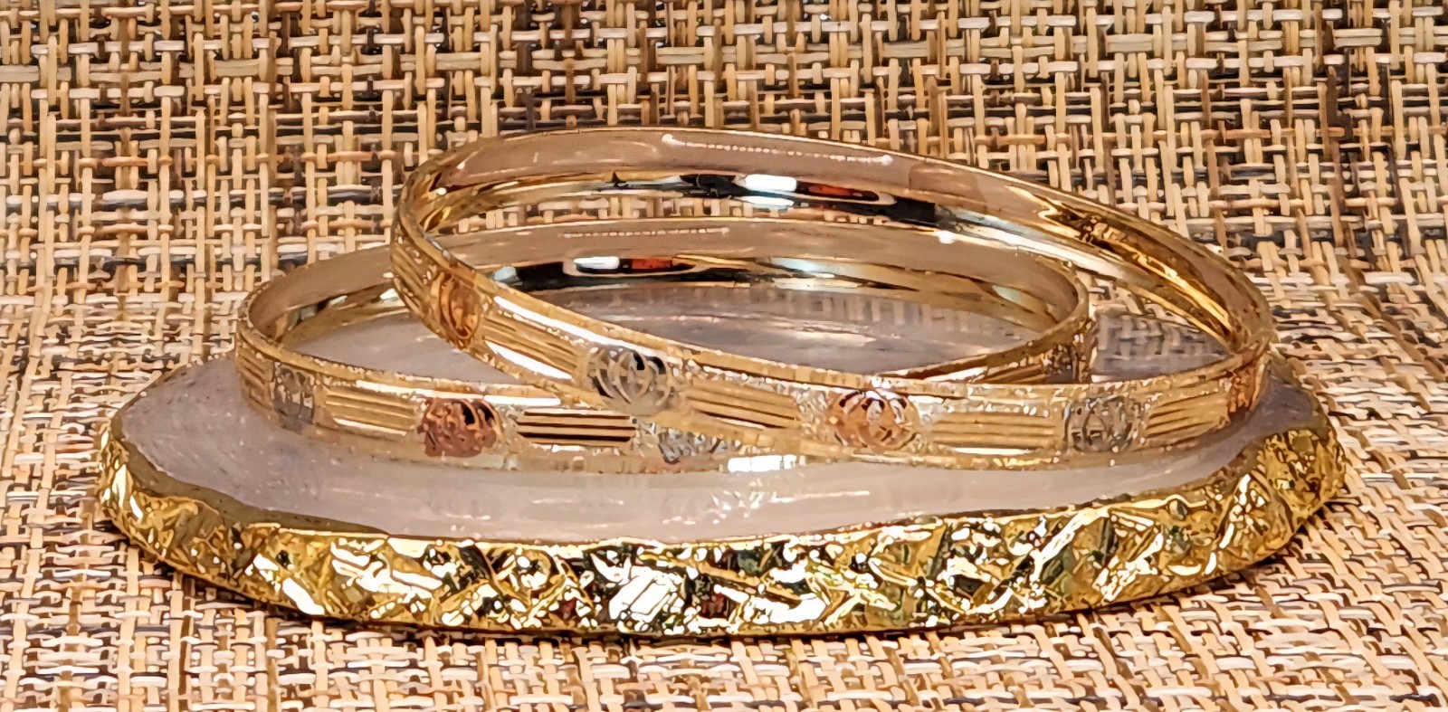14K Gold Filled Tri-Color Bangle Bracelet Set Yellow Rose White Gold NWOT 8inch