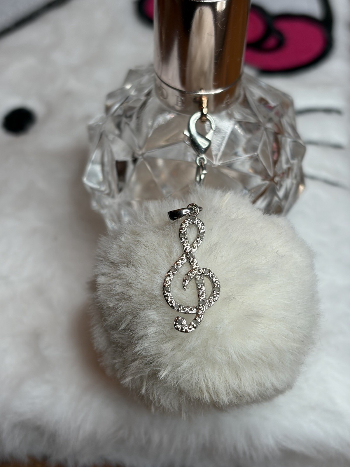 Silver Plated Tone Treble Clef Musical Note Dangle Charm, Clear Crystal Lobster