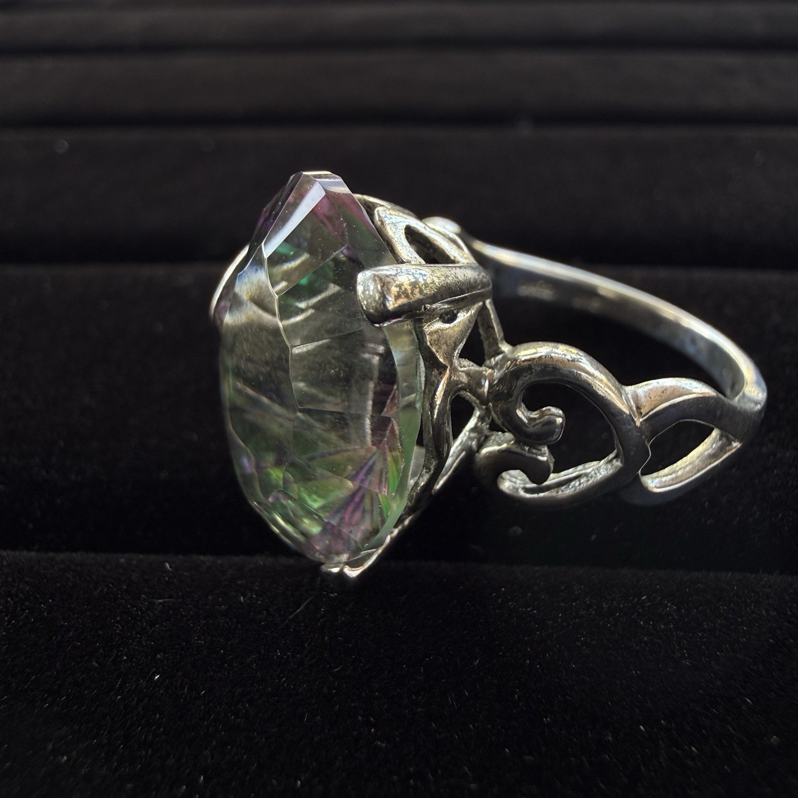 LUCCN Sterling Silver Floral Shank Large Oval Brilliant Mystic Topaz Ring Size 7