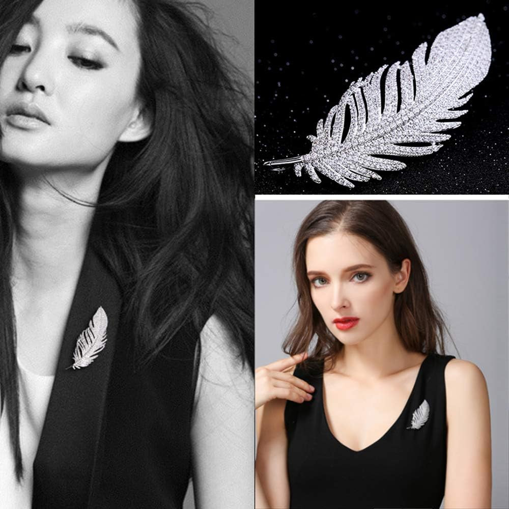 Rhinestone Feather Brooches Pin for Women Men Fashion Crystal Delicate Leaf Broo