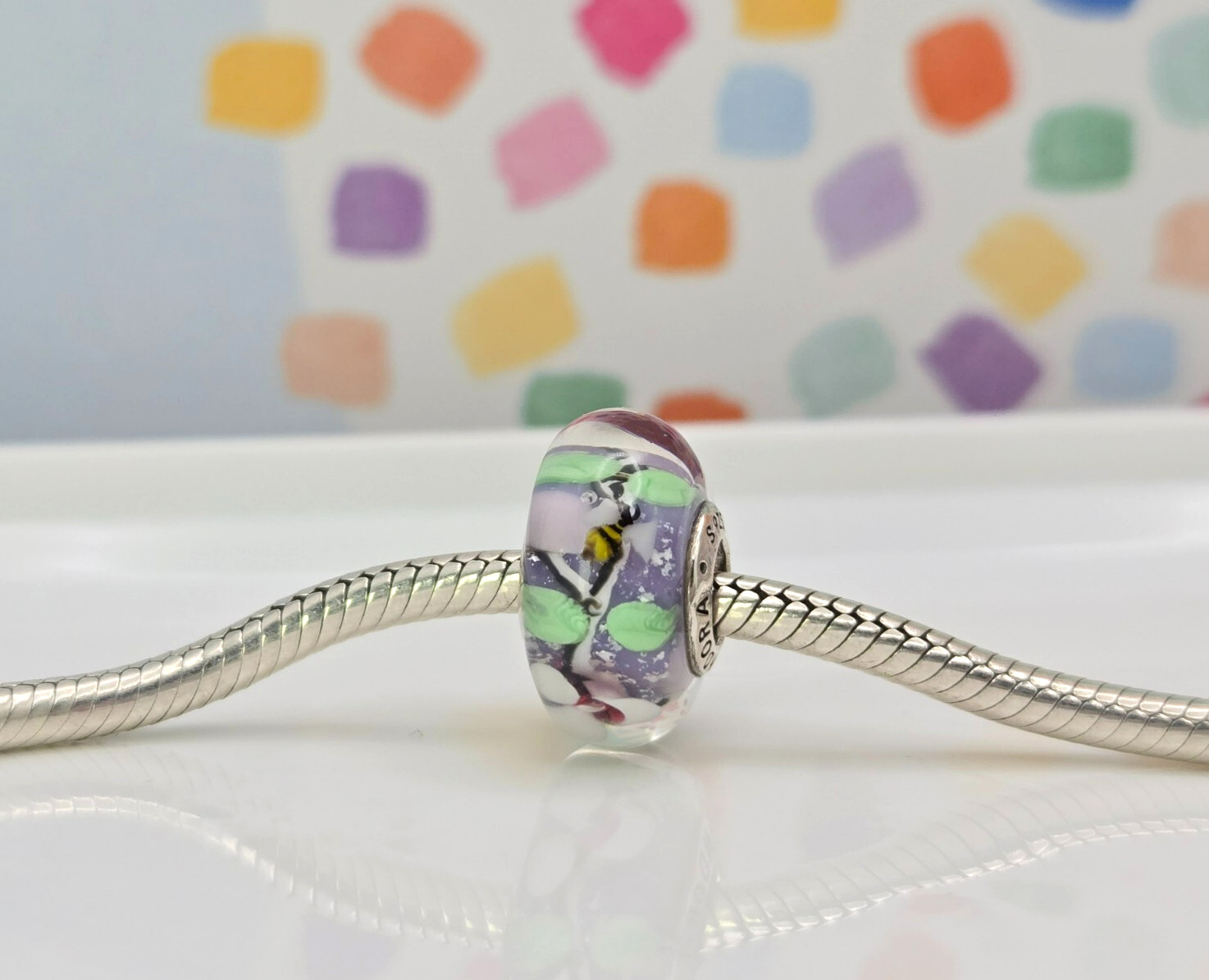 Authentic Pandora Bee silver flowers bee Murano Glass Silver murano Charm