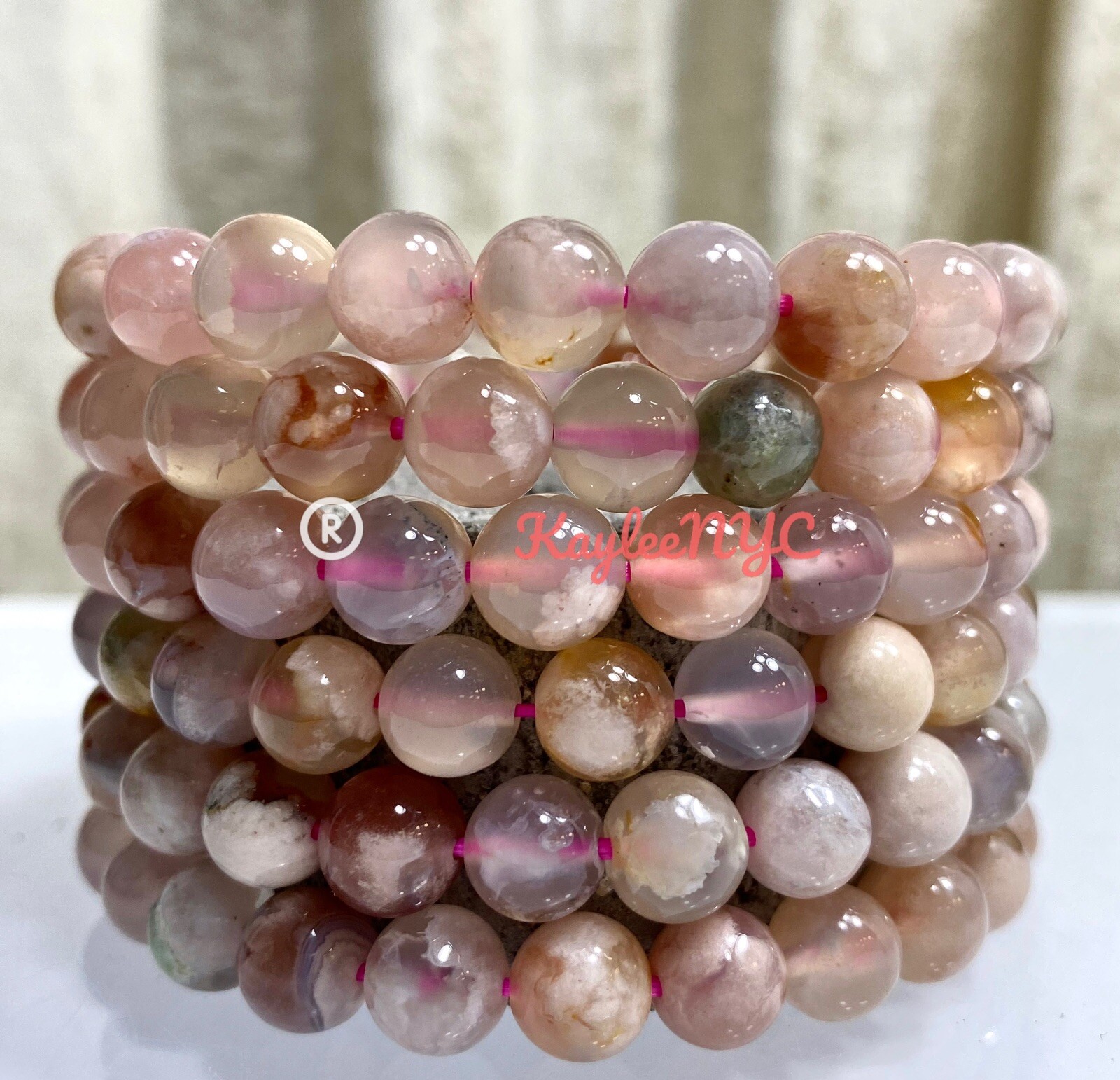 Wholesale lot 6 Pcs Natural Flower Agate 8mm 7.5” Stretch Bracelet