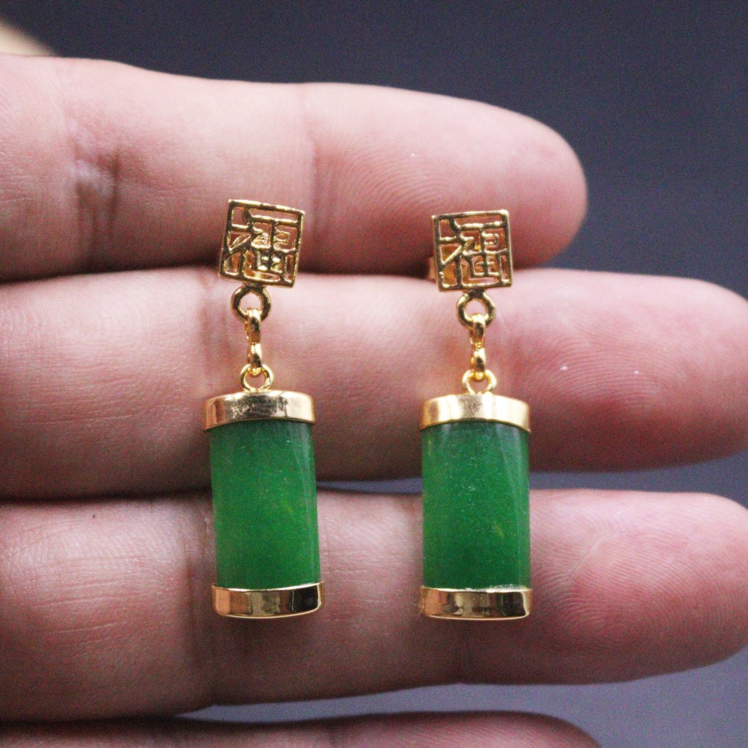 Handmade Green Chalcedony Earrings Hook 18K Gold Plated Gp Jade Earrings