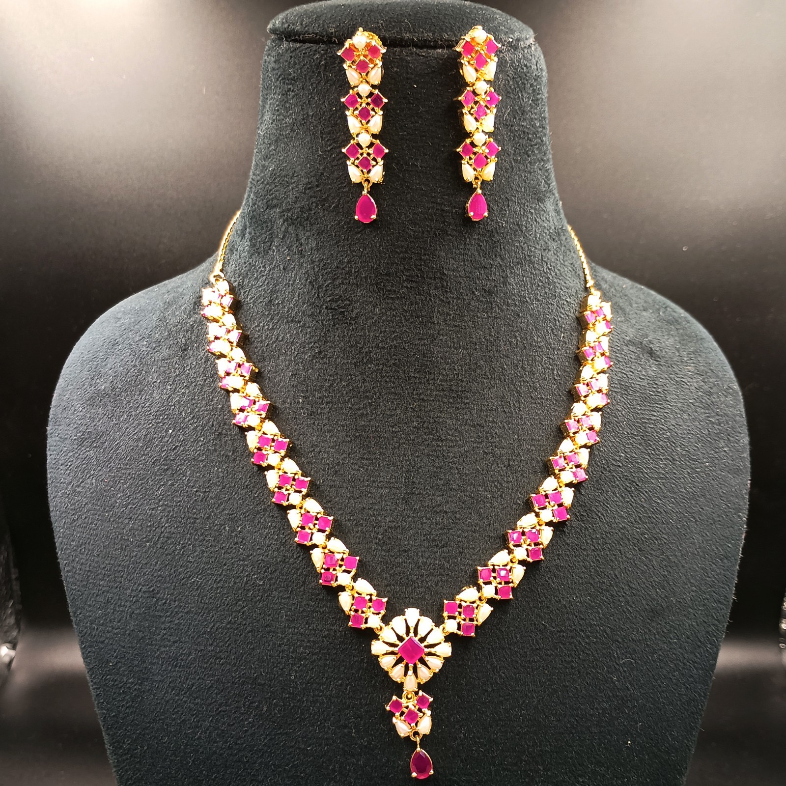 Ruby Pearl Jewelry Set 22K Gold Plated Necklace Earrings Set Wedding Partywear G
