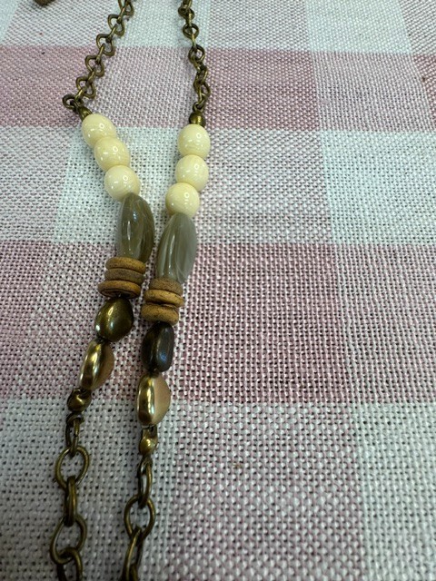 Chico’s Long Beaded Tassel Necklace Wood Gold Tone Boho Adjustable 36″