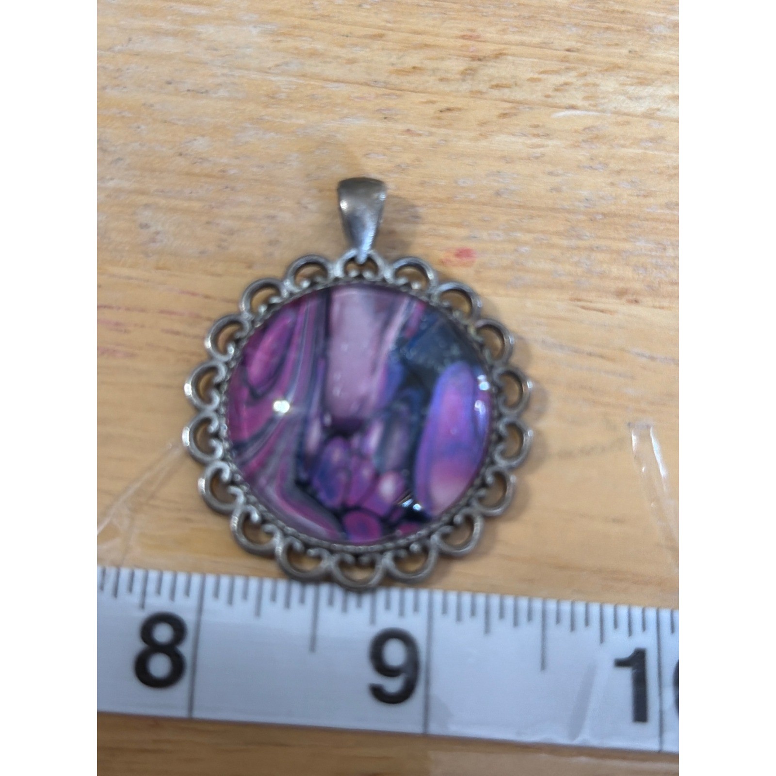 Purple Marbled Acrylic Pour Round Pendant Scalloped Silver Tone Ornate Frame