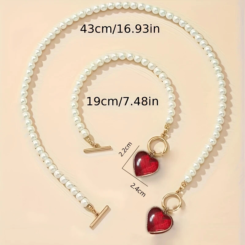 Red Heart Pendant Faux Pearl Necklace and Bracelet Jewelry Set