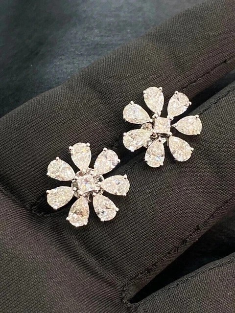 2Ct Pear Cut Simulated Diamond Flower Shape Stud Earrings 14K White Gold Plated