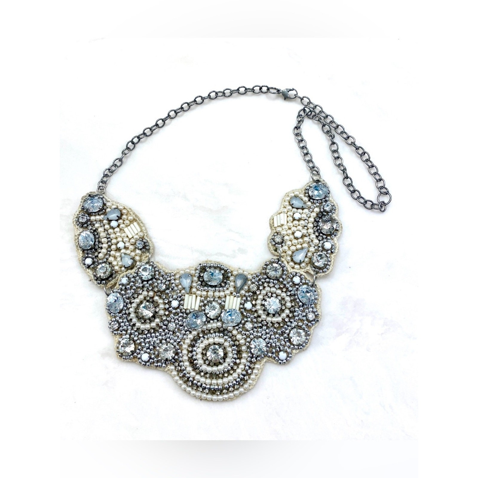 Unique Vintage Cream and Silver Beaded Bib Necklace