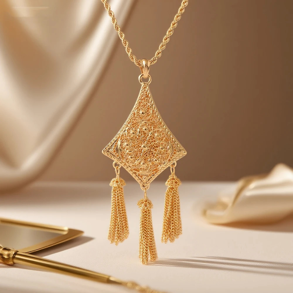 Gold Plated Algerian Women’s Classic Long Chain Tassel Pendant Necklace for Brid