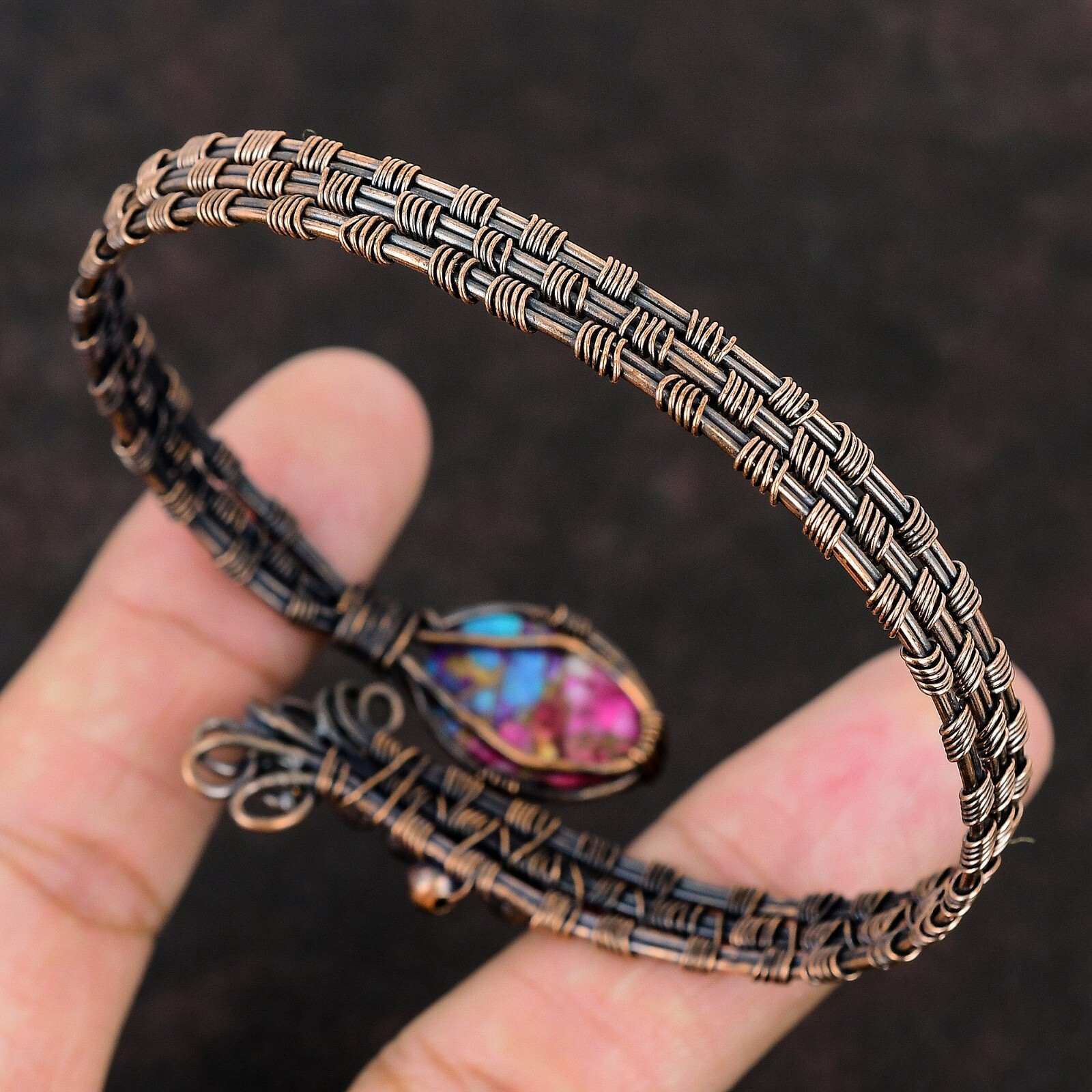 Kingman Pink Dahlia Turquoise Copper Gift For Mum Wire Wrap Adjustable Bangle
