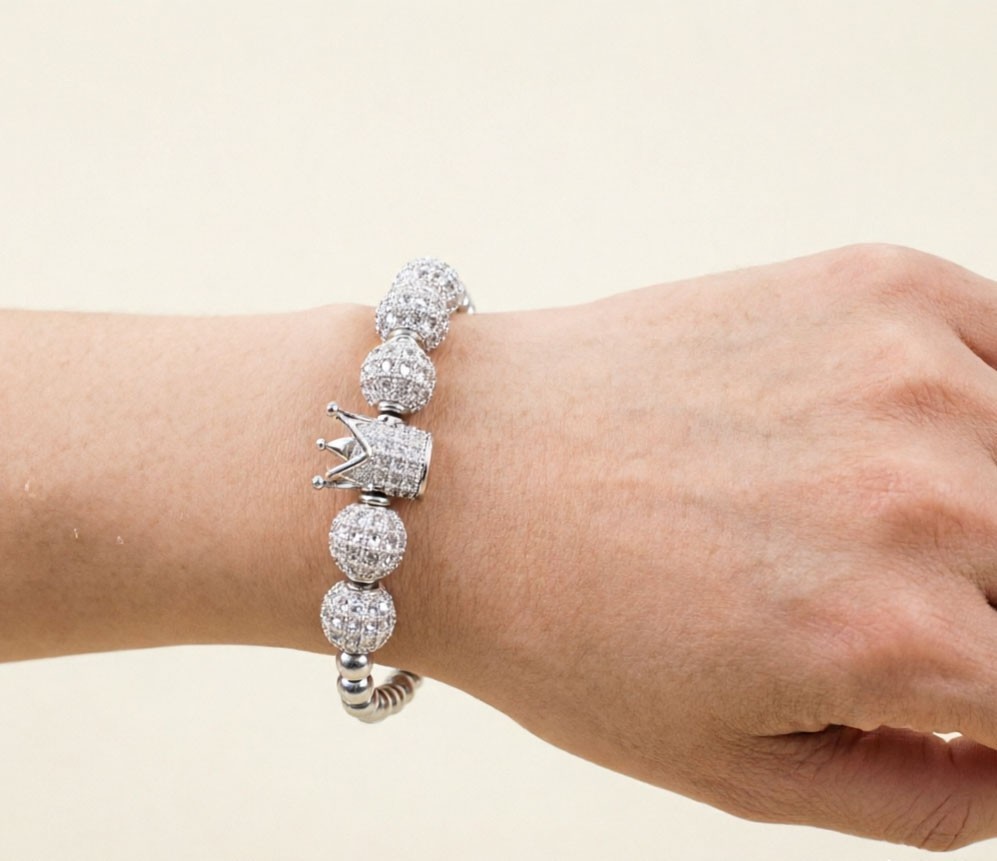 Micro Pave CZ Crown Bead Bracelet Adjustable Braided Cord Shiny Silver Wrist Jew