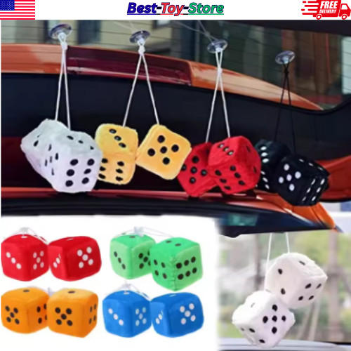 2PCS Plush Fuzzy Dice Car Rear View Mirror Decoration