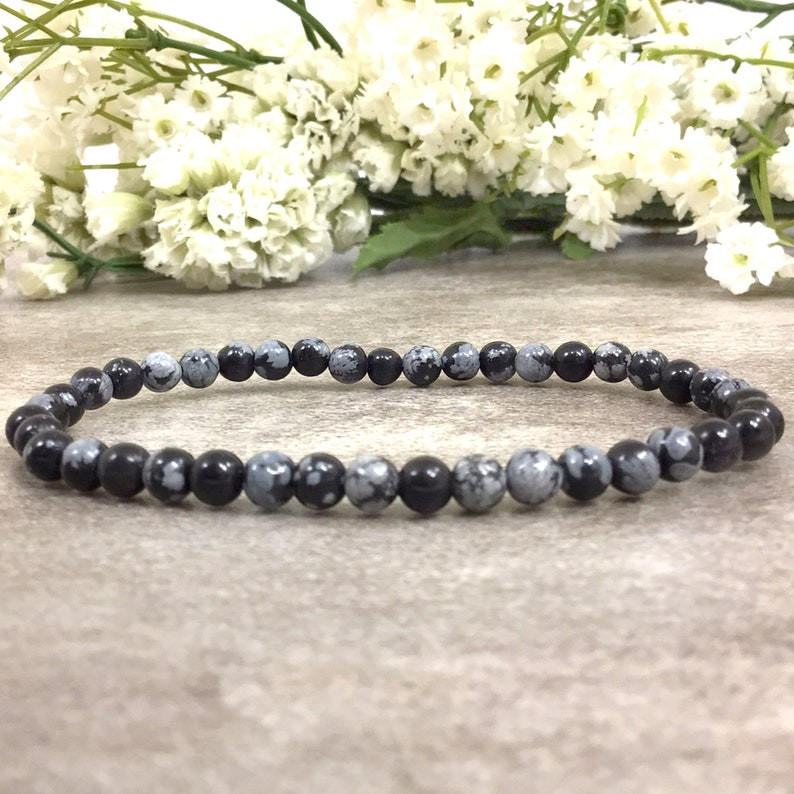 4mm Natural Snowflake Obsidian Beads Healing Crystal Stretch Women Men Bracelet