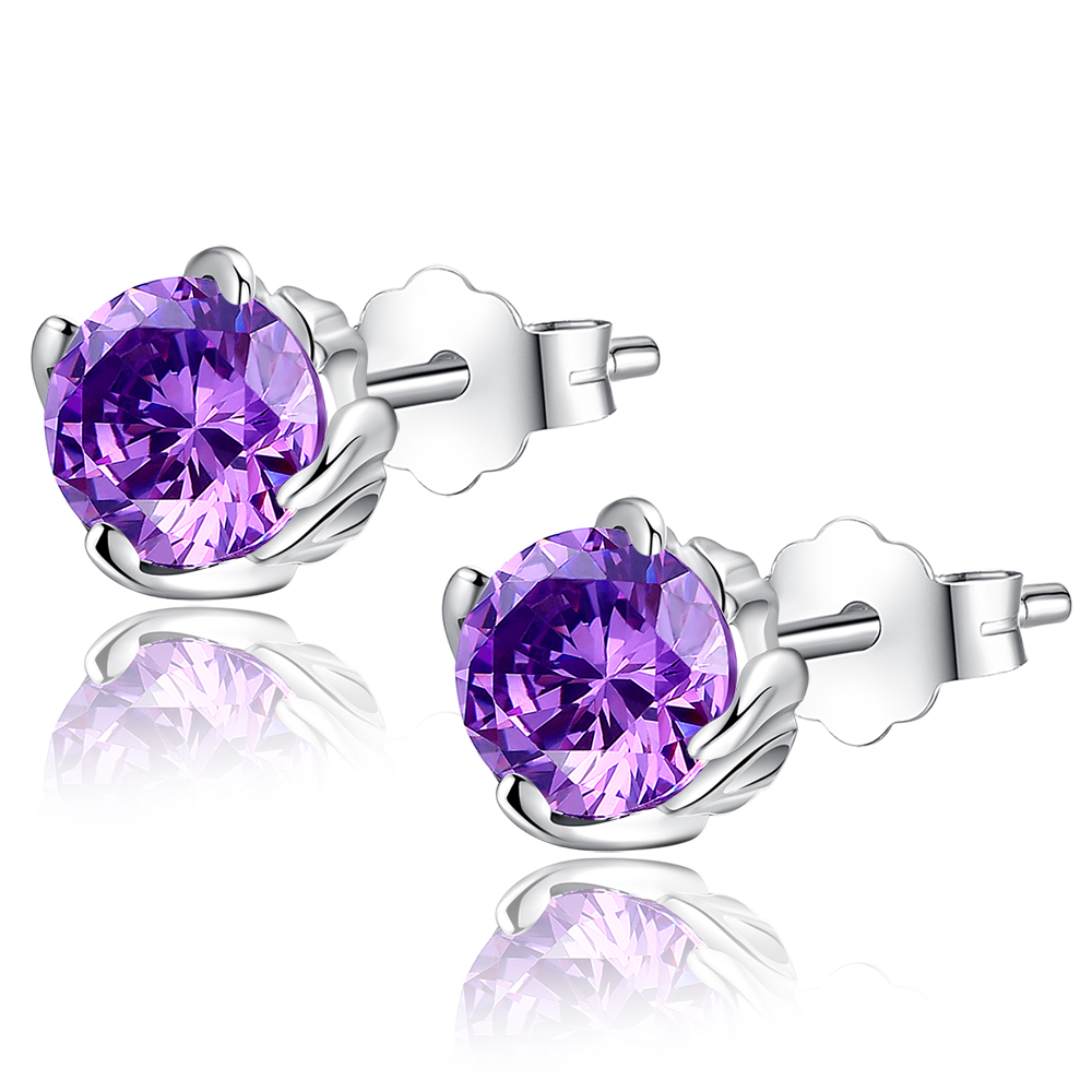Women’s Sterling Silver 1.0 CTW Round Shaped Simulated Amethyst Earrings Studs