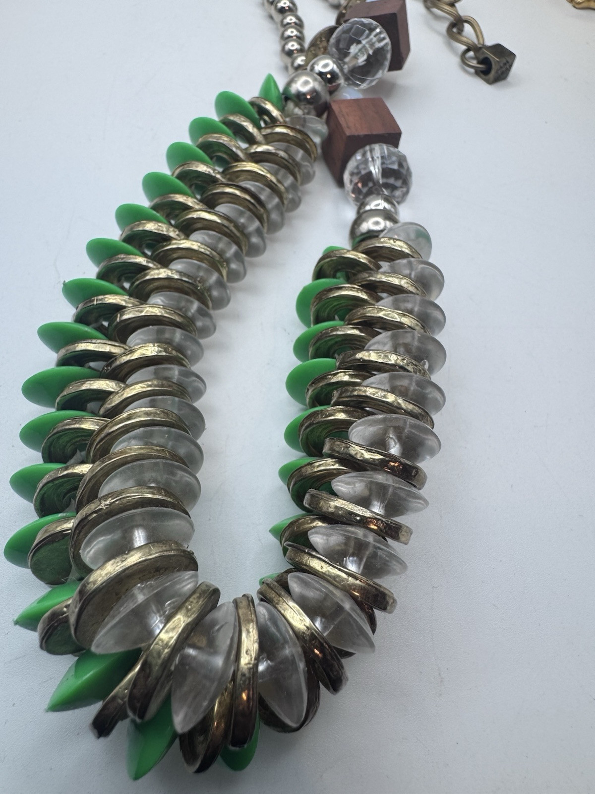 Pam Hiran Coil & Beads Necklace Green-Clear Glass & Gold Beads Whit Silver Chain