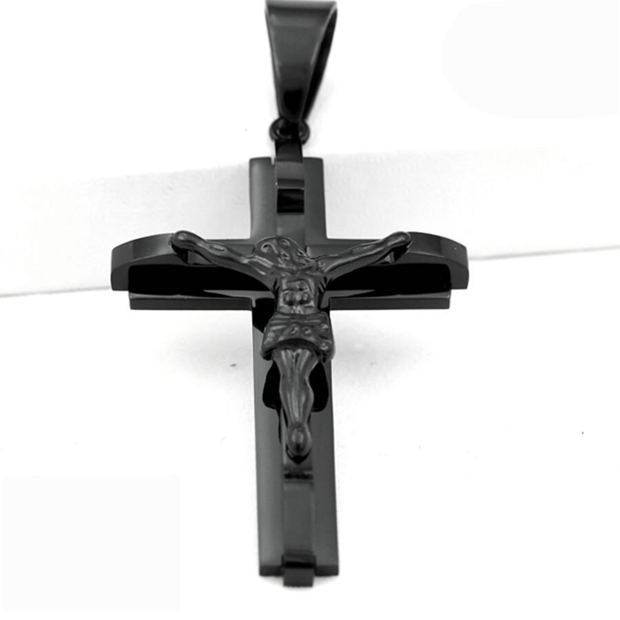 Men’s Black Stainless Steel Jesus CROSS 73mm Pendant Ion Plated Box