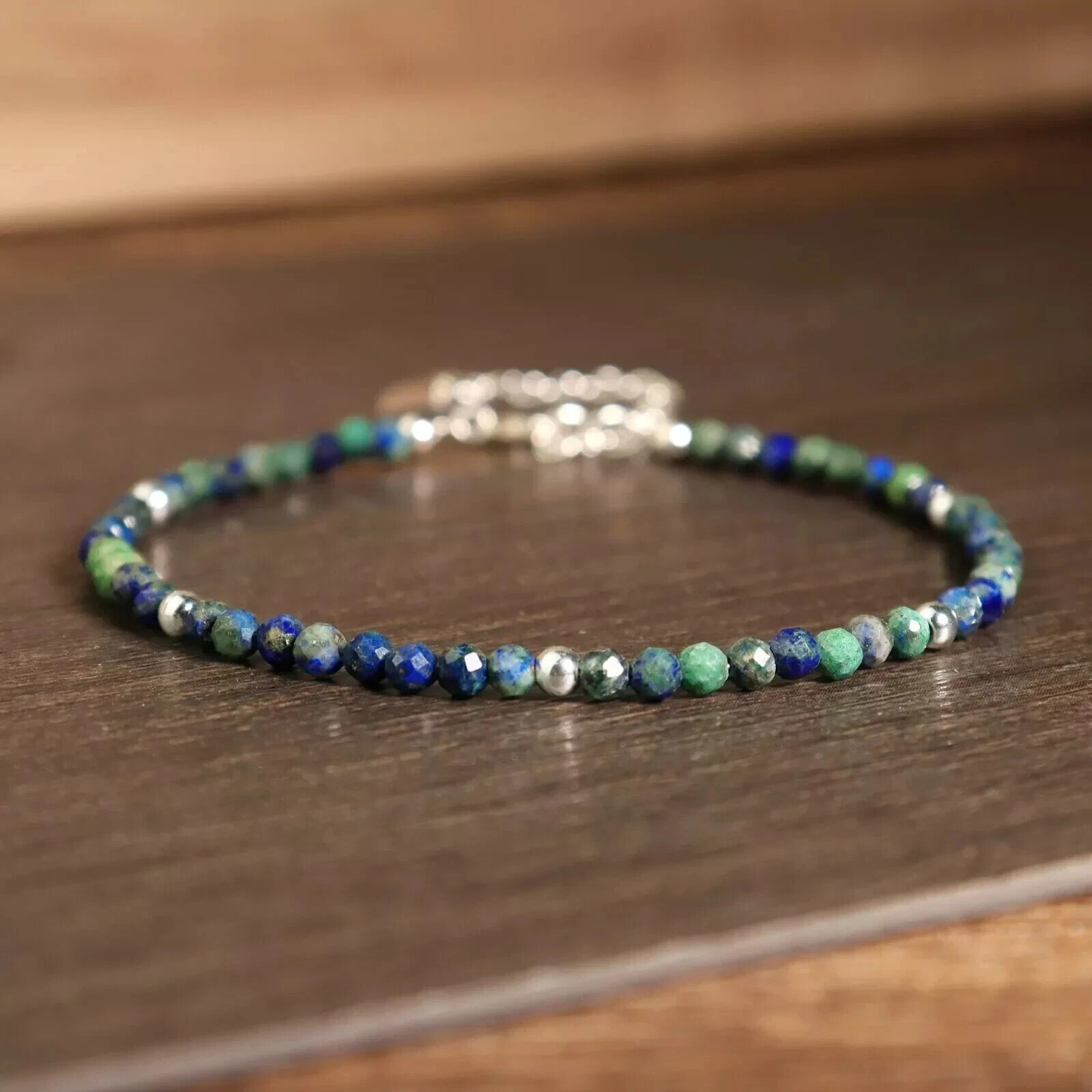Azurite Crystal Gemstone Dainty Bracelet Minimalist Healing 2mm Faceted Beads