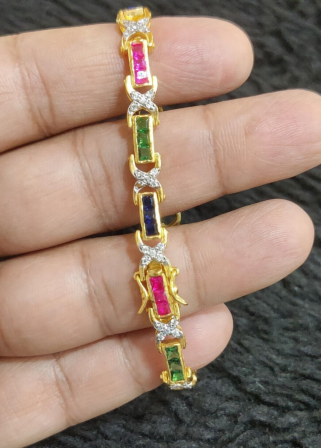 14K Yellow Gold Plated Simulated Ruby Sapphire, Emerald&Diamond Tennis Bracelet