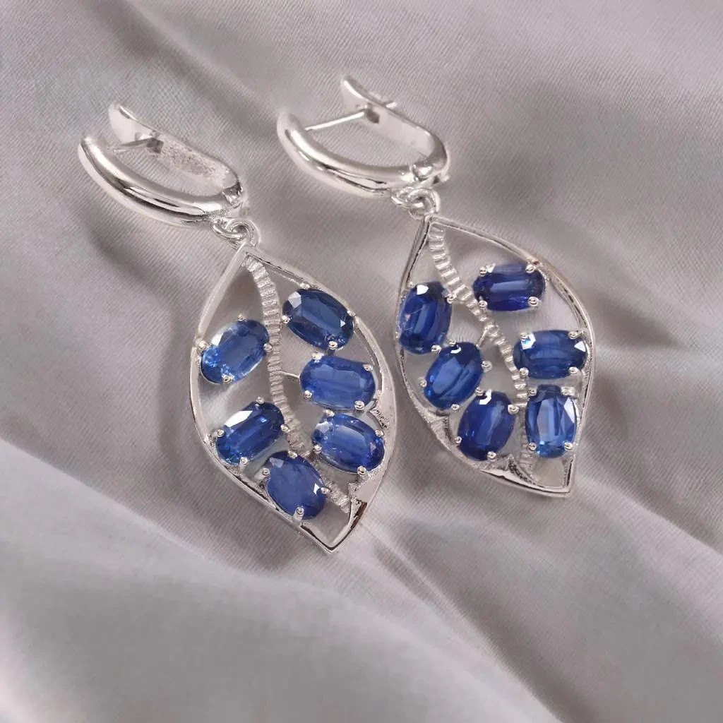 Natural Blue Kyanite Dangle Earrings 925 Sterling Silver Leaf Design 6x4mm Oval