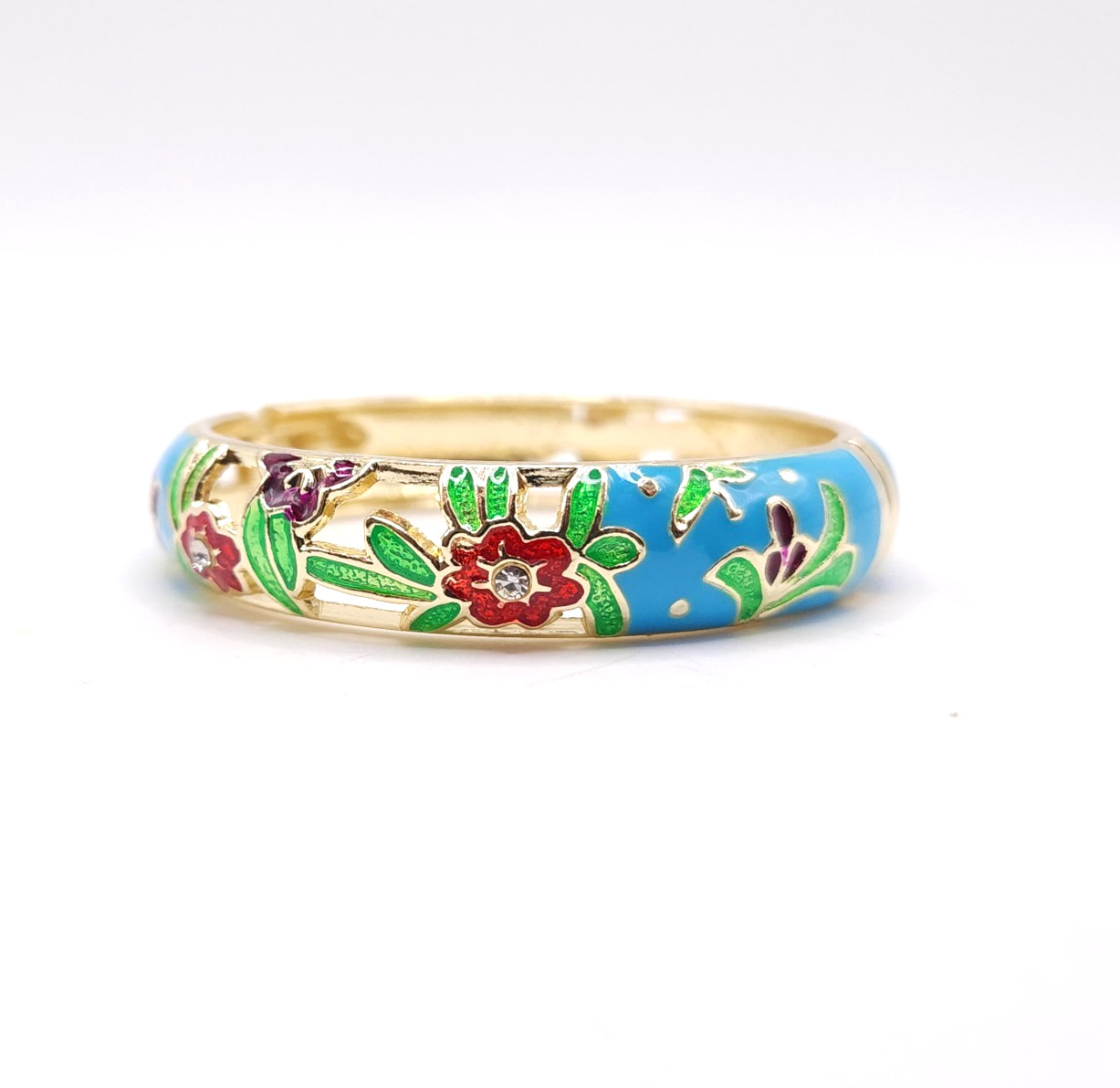 18K Gold Plated Floral Enamel Bangle Pastel Blue Red Green Rhinestone Bracelet