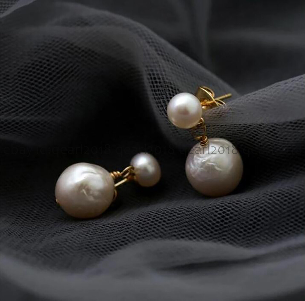 11-12mm White Natural South Sea Baroque Edison Double Pearl Dangle Stud Earrings
