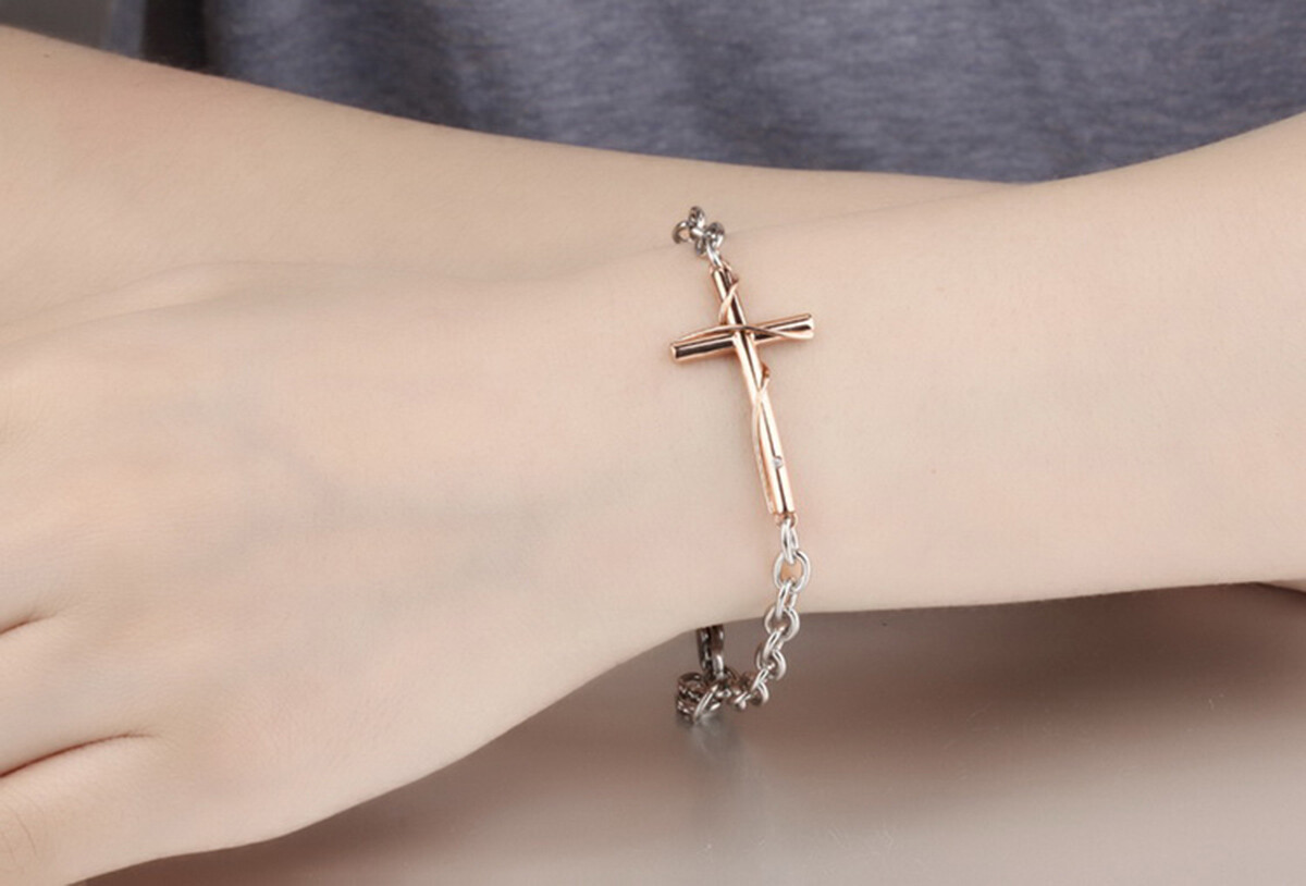 His Hers Stainless Steel Couples Matching Cross Charm Bracelet Pendant Necklace