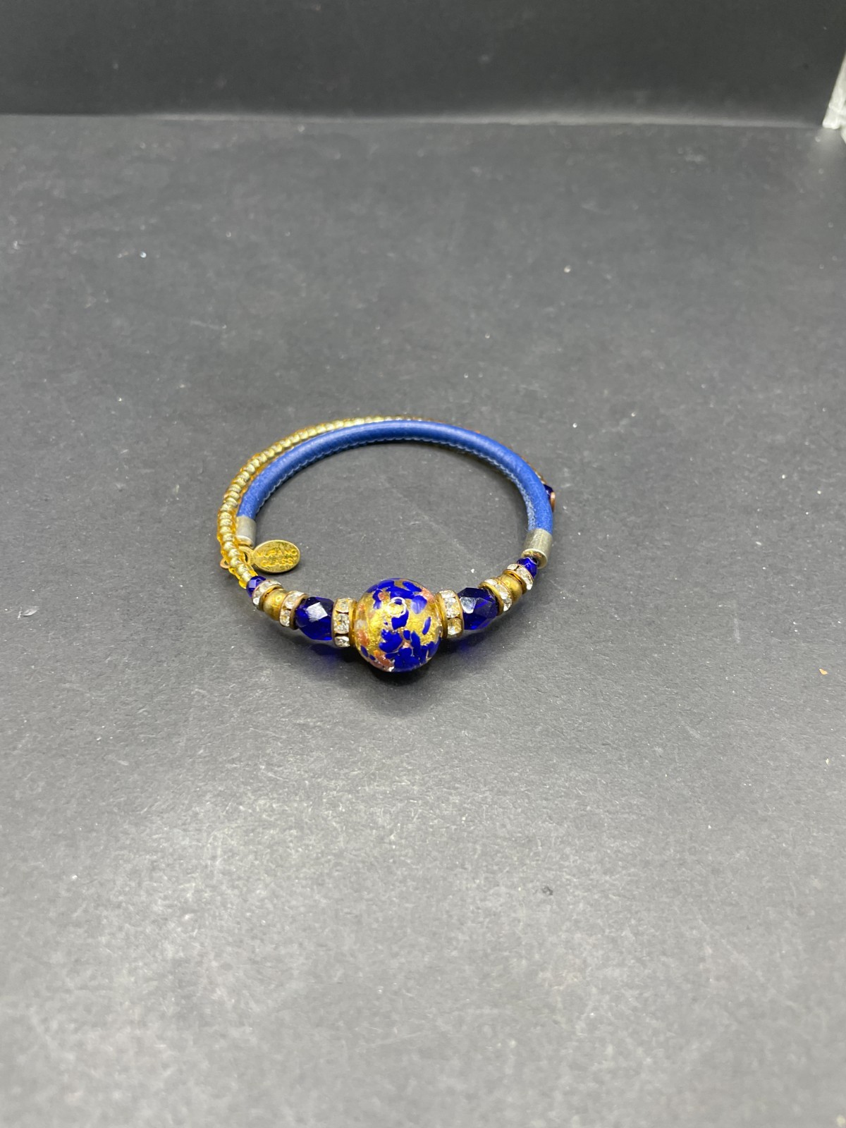 Murano Glass Coil Wrap Bracelet Blue Gold Foil Venetian Bead Rhinestone Leather