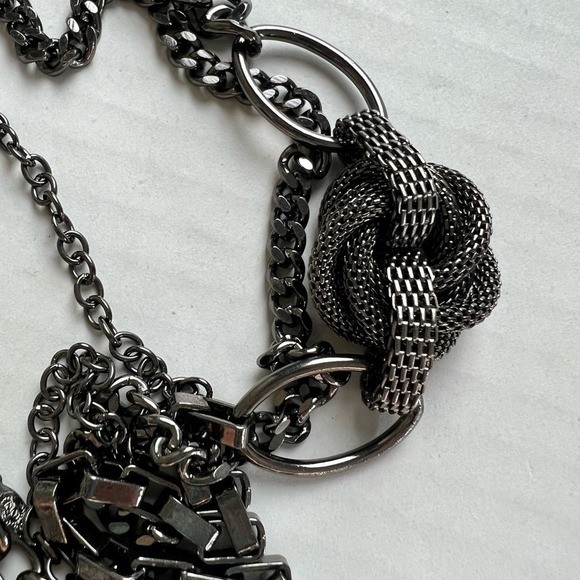 Long Layered Gunmetal Chain Necklace with Knot Details Fashion Jewelry