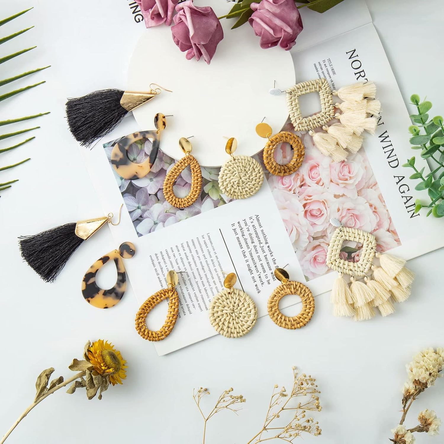 6-18 Pairs Earrings for Women, Lightweight Summer Earrings Straw Earrings Fashio