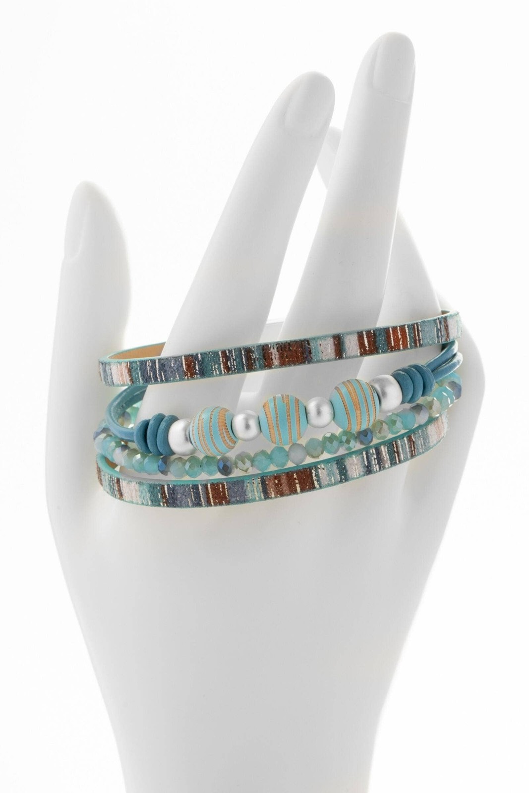 Cool-Toned Wood Beaded Leather Bracelet