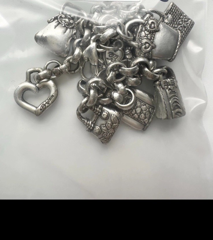Brighton Silver Chain Charm Bracelet Purse/Handbag & Heart Dangle Charms