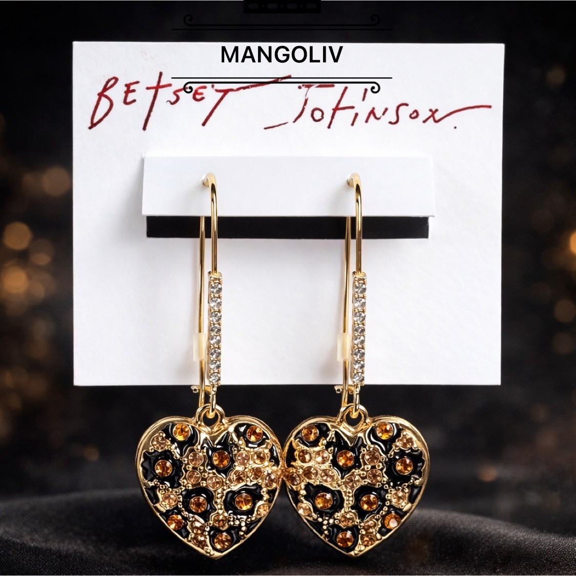Betsey Johnson Gold Tone Leopard Heart Drop Earrings Crystal Accents NWT