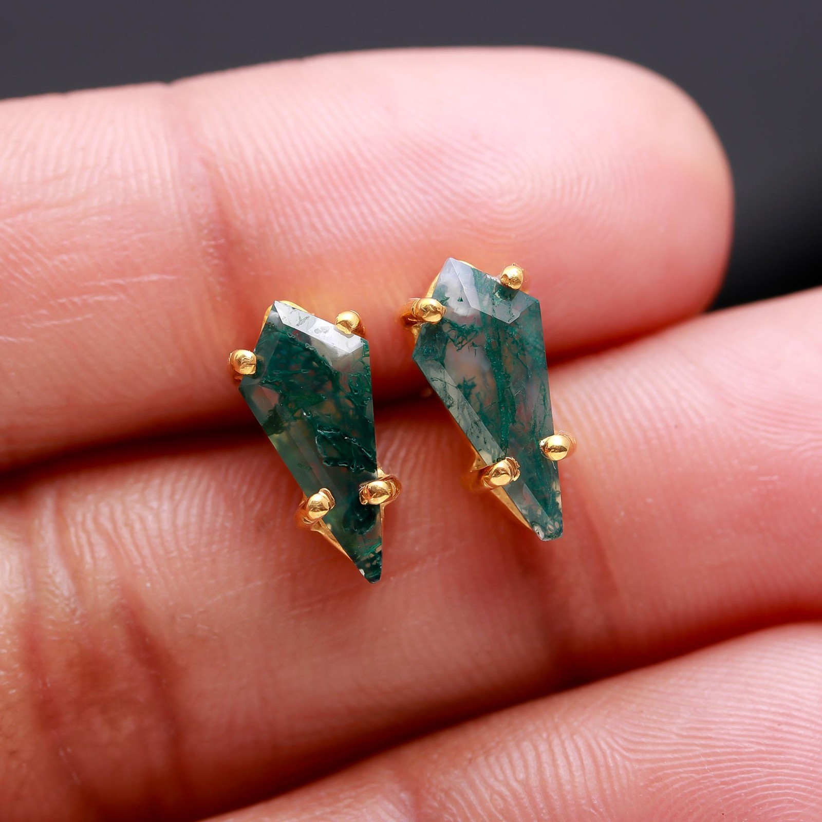 Natural Moss Agate Kite Stud Earrings Gold Plated 925 Sterling Silver Jewelry