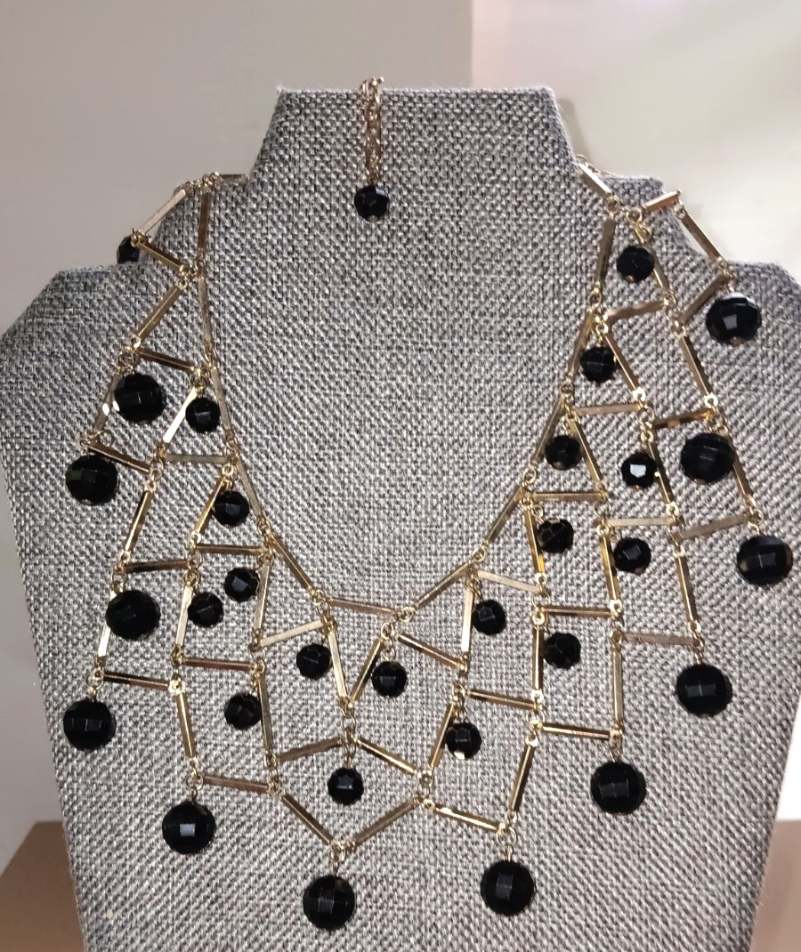 Statement Bib Choker Style Necklace Geometric Black Plastic Gold Tone Metal 14″