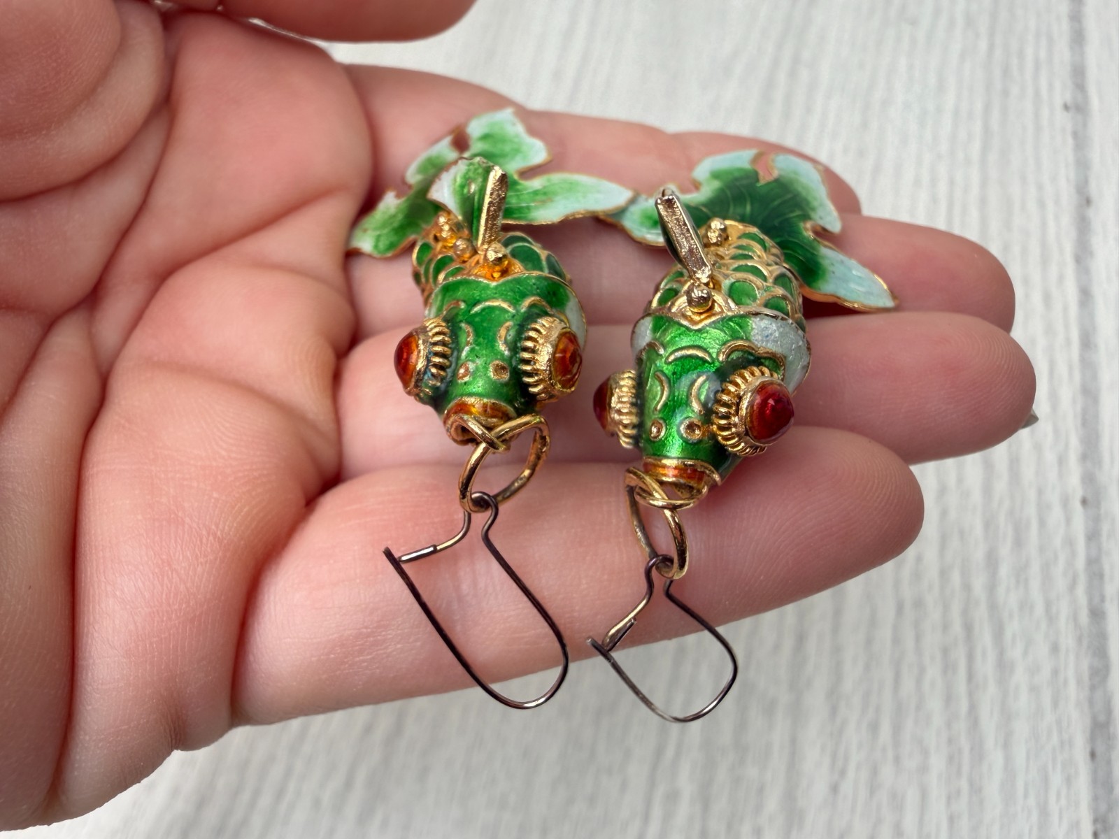 Cloisonne Guilloche Enamel Articulated Fish Green Blue Gold Red Eyes Earrings