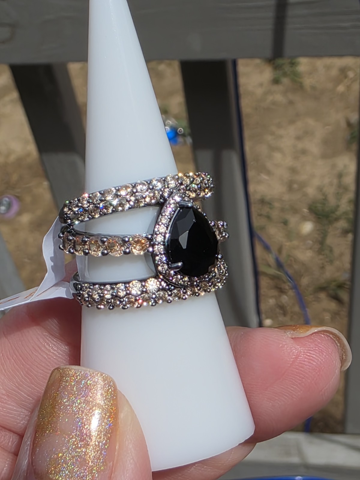 Hematite Plated Black Onyx Pear & CZ Prong Cocktail Statement Ring 6 RG89010