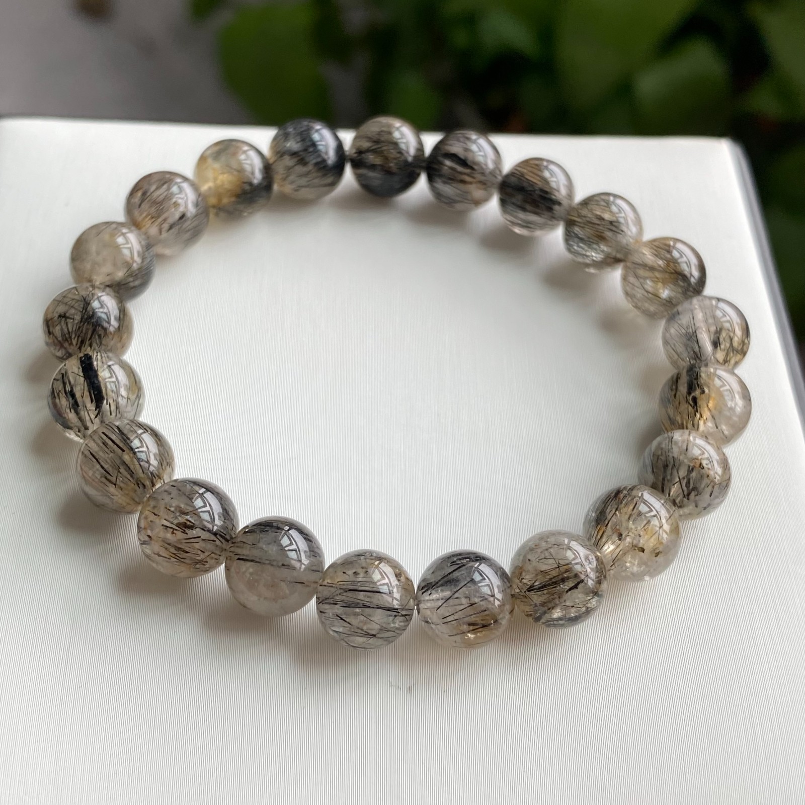 9.1mm Natural Black Rutilated Quartz Crystal Beads Bracelet 1997
