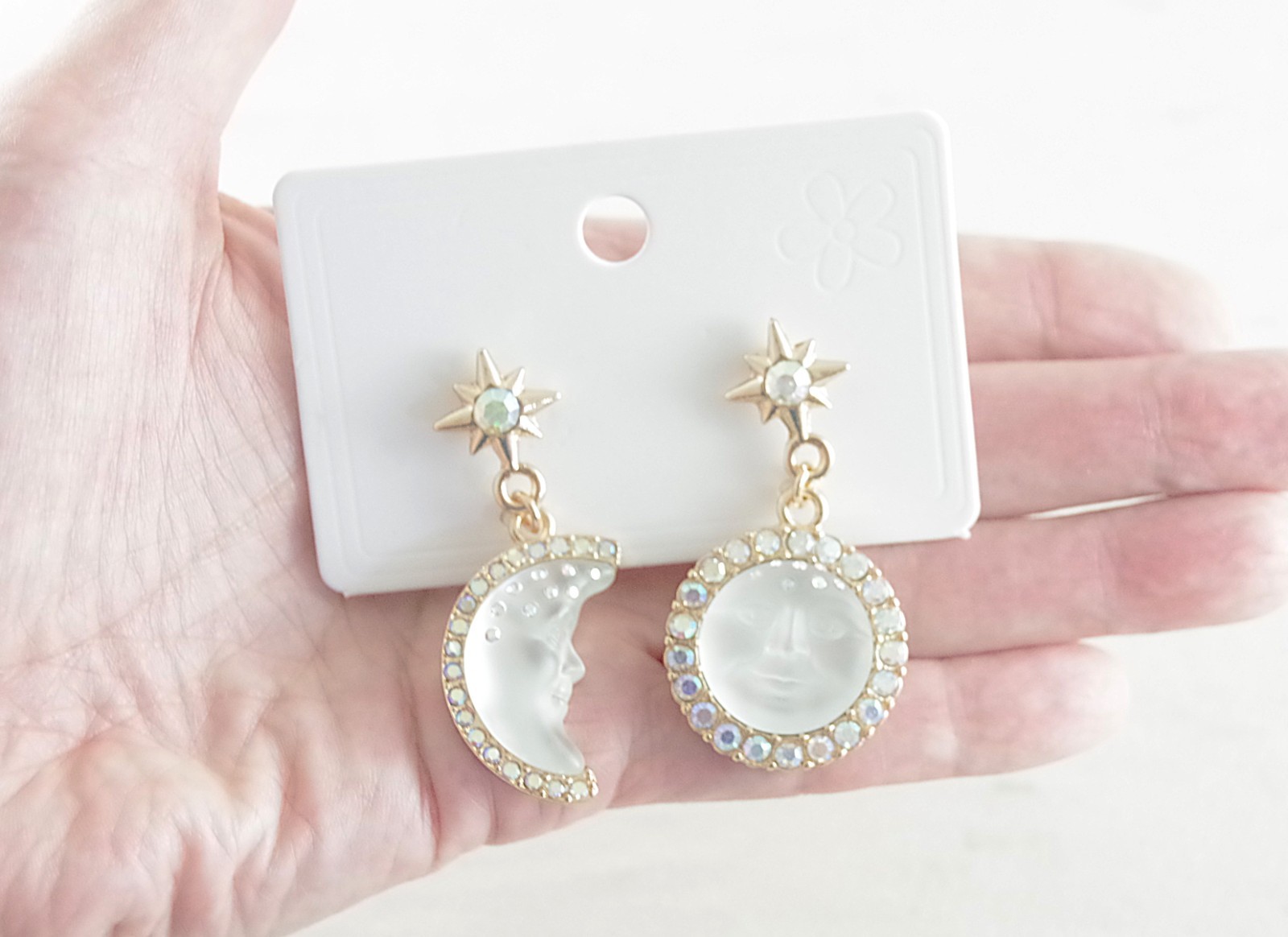2″ KIRKS FOLLY WHITE SEAVIEW MOON FACE CRYSTAL RHINESTONE DROP DANGLE EARRINGS