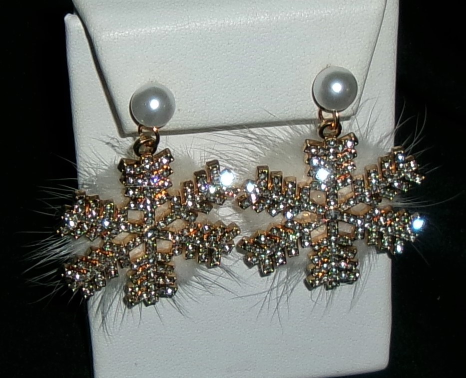 Snowflake WINTER Earrings Clear Rhinestones Faux Fur Back Pierced NEW