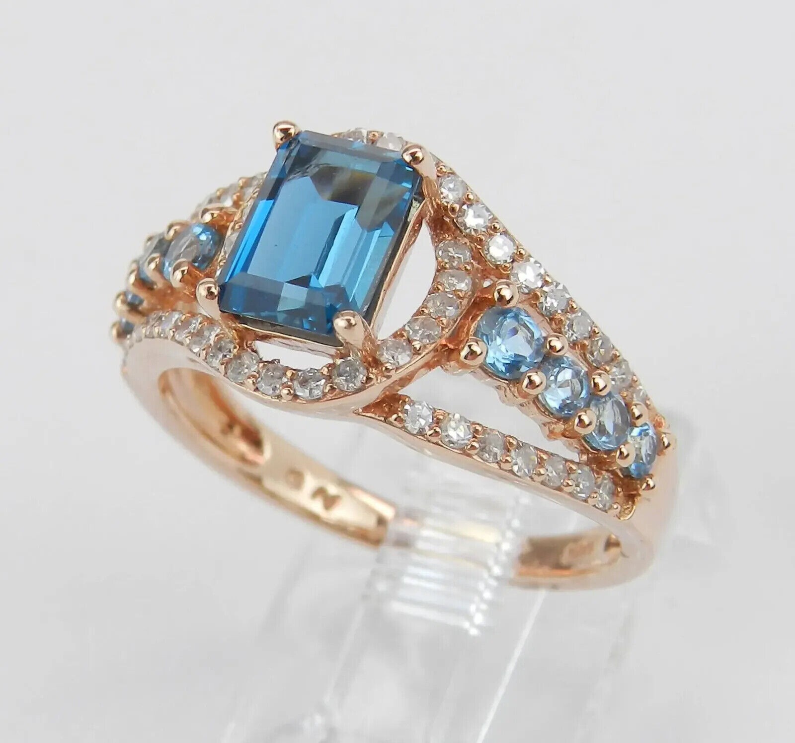 3Ct Emerald Cut Simulated Blue Diamond Women’s Ring 14k Rose Gold Plated Silver