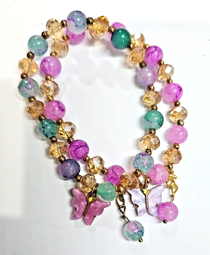 Glass Bead Bracelet w/ Butterfly Charm & Dangling Bead Mix & Match from 6 Colors